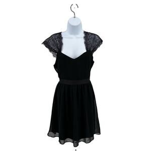 Rush Black Short Formal Dress Lace Cap Sleeve Babydoll Sz M Pleated Skirt V-neck